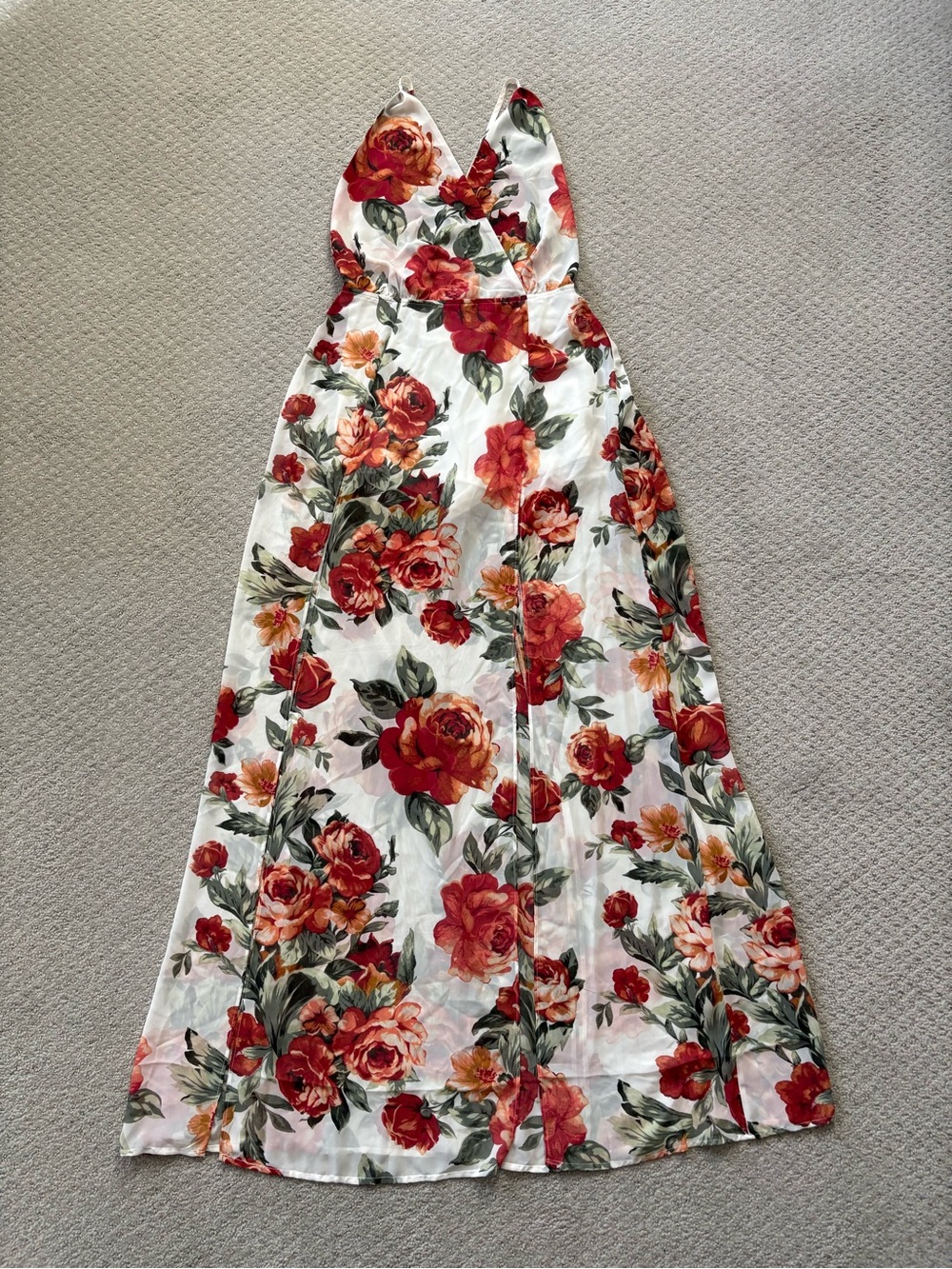 Forever 21 White Maxi Dress with Red & Orange Floral Print